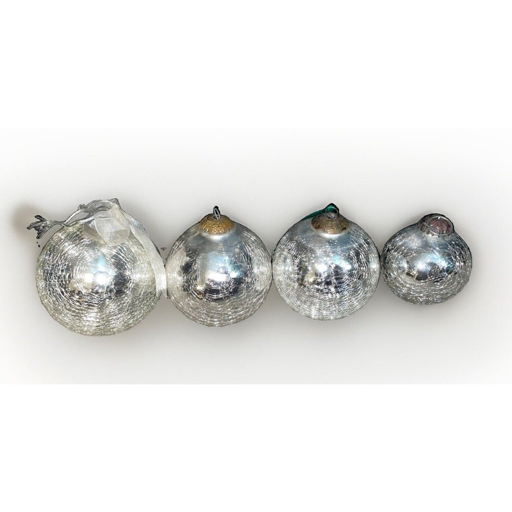 Vintage Crackle Mercury Glass Ball Ornament Lot Of 4 Christmas Large Kugel